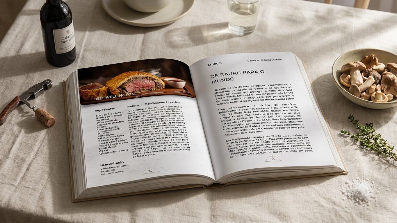 A edição impressa aberta sobre mesa de linho, nas páginas 74 e 75: à esquerda, a receita de Beef Wellington; à direita, o artigo “De Bauru para o mundo”