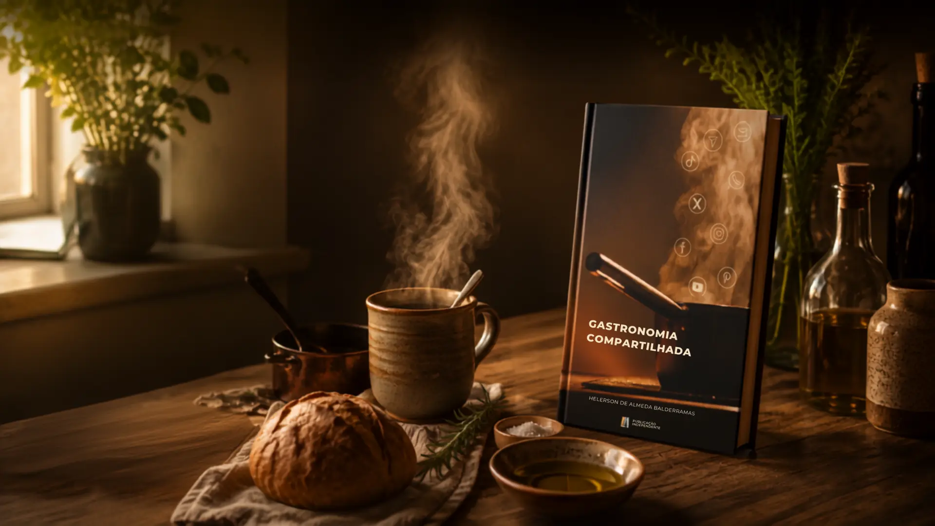 Cozinha ao entardecer: o livro Gastronomia Compartilhada apoiado sobre a mesa de madeira, ao lado de uma caneca de cerâmica fumegante, pão, azeite, ervas e garrafas