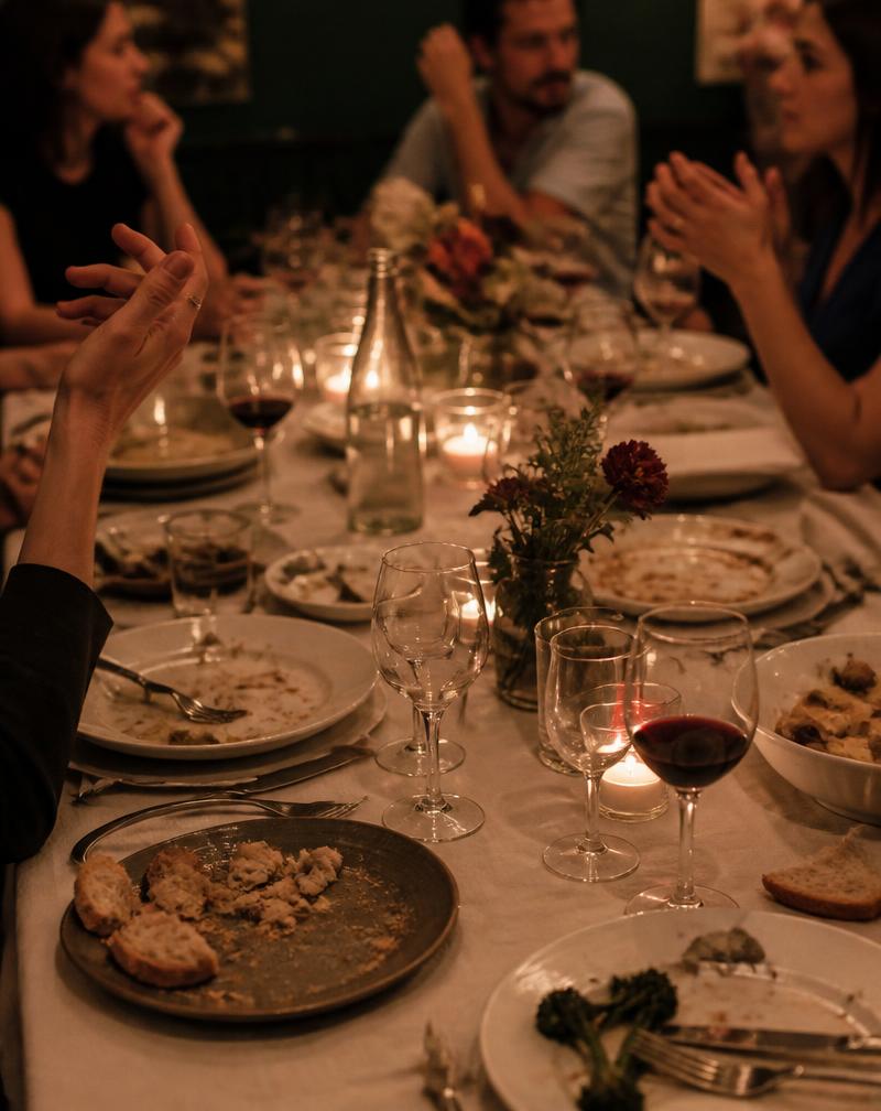 Mesa compartilhada ao fim de uma refeição, entre gestos de conversa e velas quase no fim