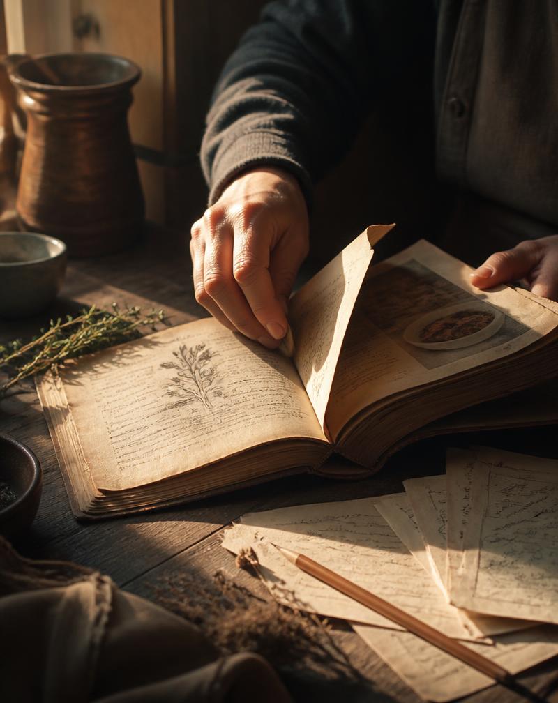Mãos virando a página de um caderno de receitas antigo sobre mesa de madeira, ao lado de anotações à mão